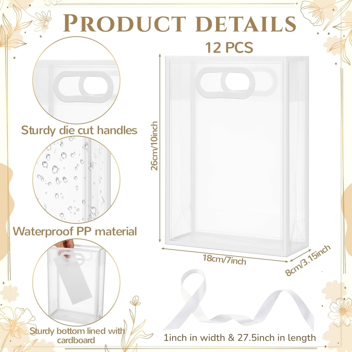Aliceset Clear Plastic Gift Bag with Die Cut Handle Reusable PP Favor Bag with Ribbon for Graduation Wedding Bridal Birthday Baby Shower Party Small Business,10x7x3.15in(White,12 Pcs)