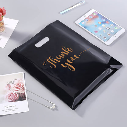 MUKOSEL Thank You Bags with Handles for Business 100 Pack 12x15 Inch Extra Thick 2.36 Mil Reusable Plastic Shopping Bags Merchandise Packaging for Small Business Retail Boutique Gifts Stores(Black)