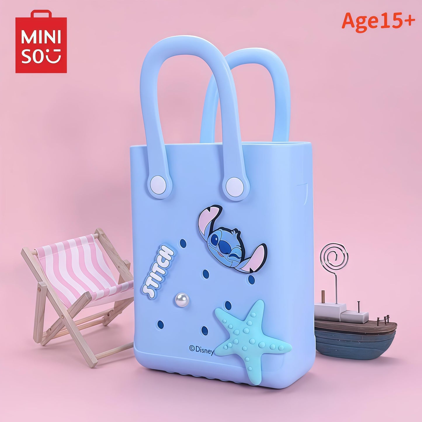 MINISO Disney Lilo & Stitch Series EVA Tote Bag, Light Blue, Stitch Character Theme, Decorative Starfish and Pearl Accents