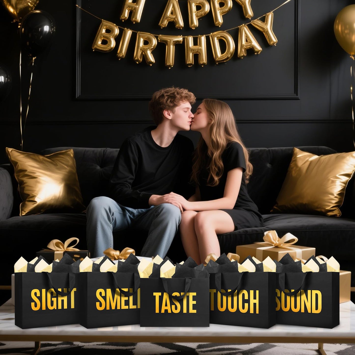 EIiovcnya 5 Senses Gift Bags for Him Her with Labels,Sight Smell Touch Taste Sound Gift Bags with Ribbon Handle,Tissue Paper,Greeting Card for Birthday,Wedding,Christmas,Valentine's Day (Black, 12.6 x 8.7 x 4 Inch)