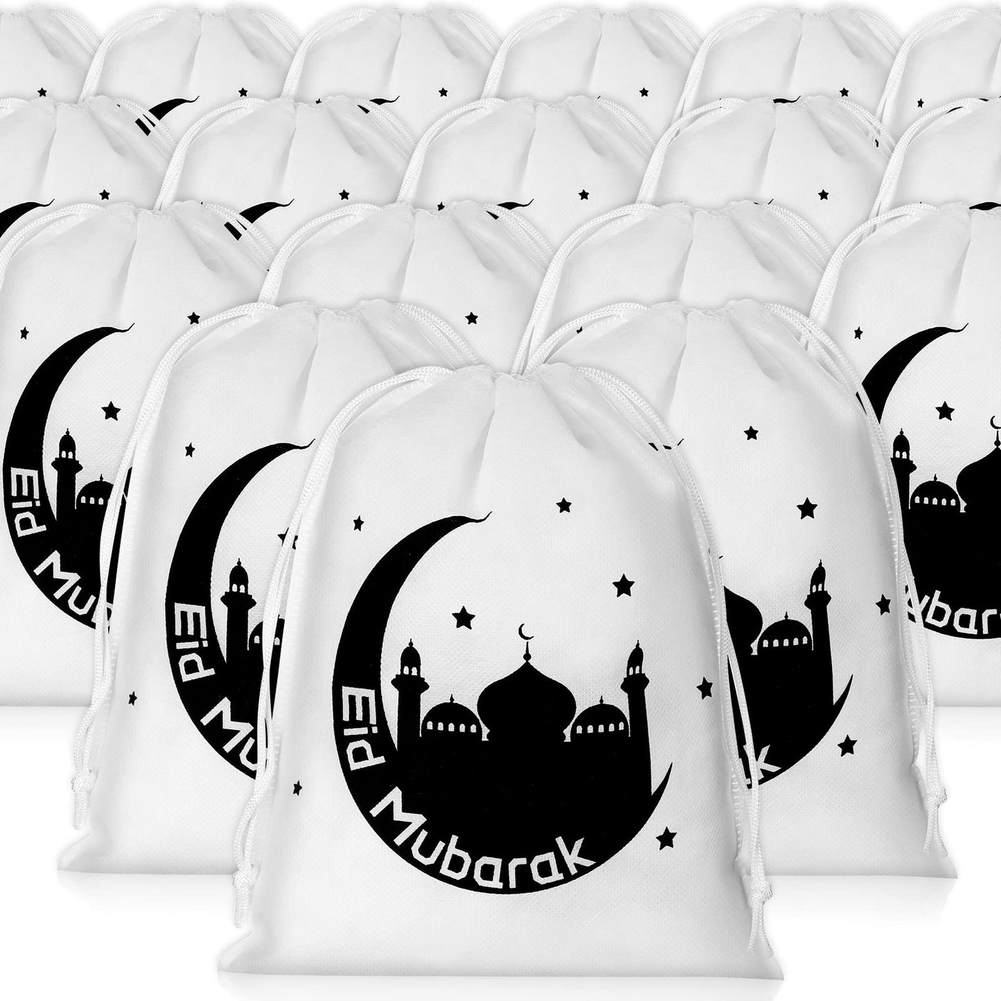 Boao 24 Count Eid Gift Bags, Black, 25 x 20 Cm/ 9.84 x 7.87 Inches, Small Ramadan Canvas Sack Gift Bags with Drawstring, Religious Theme, for Eid Mubarak Goodie Package Storage, Parties and Gatherings
