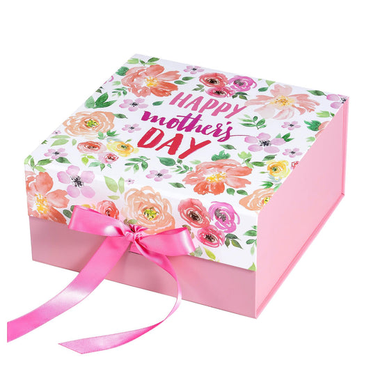 RUSPEPA Mother's Day Floral Gift Box with Magnetic Closure Lid, Pink Watercolor Floral with Happy Mother's Day Text Decorative Box for Mom, Grandma, Wife, Gifts Packing, 8x8x4 Inches, 1 Pcs