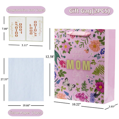 2 Pack 13" Large Mother Day Gift Bags with Handles, Pink Floral Gift Bags with Tissue Paper & Cards for Mom Grandma Women Holiday Birthday Mothers Day Gift Bags