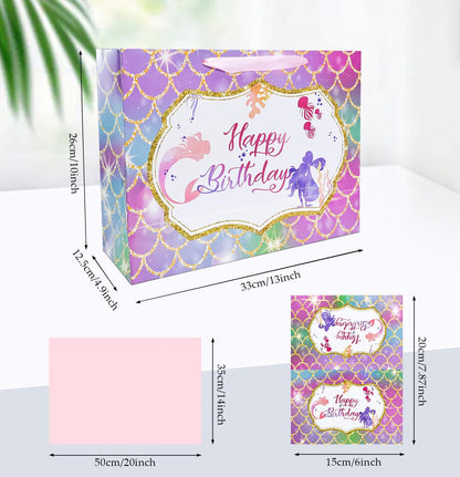 MUNILAIL 13 Inches Large Mermaid Birthday Gift Bag for Girls With Handle, Tissue Paper and Greeting Card - Mermaid Theme Party
