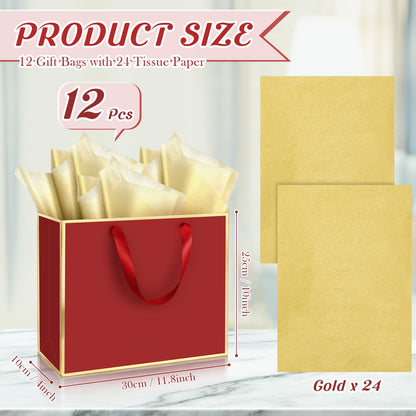 ReliThick 12 Pack Metallic Paper Gift Bag with Handles and Tissue Paper 11.8 x 10 x 4'' Thank You Favor Bag for Graduation Mother's Day Wedding Bridesmaid Groomsman 5 Senses Gifts (Burgundy Red,Gold)
