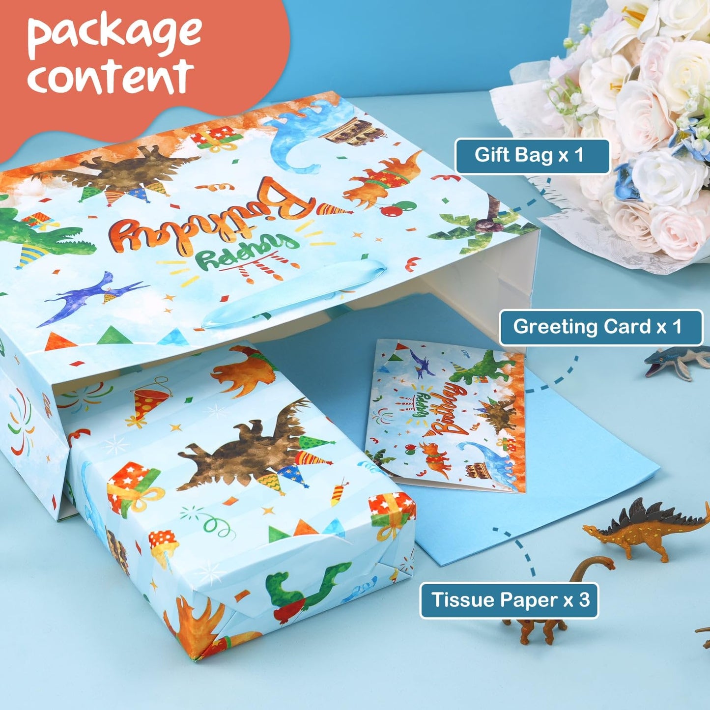 WERNNSAI Dinosaur Birthday Bag - 13" Large Happy Birthday Gift Bags with Wrapping Tissue Paper and Greeting Card for Boys Girls and Kids Dino Party Supplies Baby Showers
