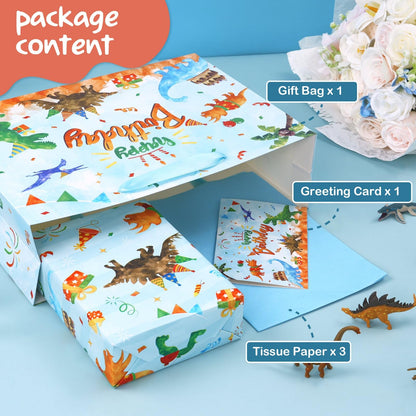 WERNNSAI Dinosaur Birthday Bag - 13" Large Happy Birthday Gift Bags with Wrapping Tissue Paper and Greeting Card for Boys Girls and Kids Dino Party Supplies Baby Showers