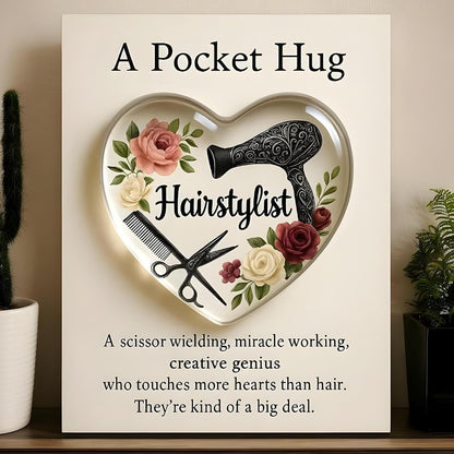 A Pocket Hugs for Hairstylists, Mini Hairdresser Tools Heart Pocket Hugs Inspirational with Greeting Card, Christmas Thank You Gift for Women Men Hairstylist (‎Style A)