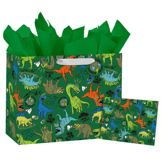 Loveinside Dinosaur Gift Bag for Kids Boys, Cartoon Dino Design with T-Rex, Triceratops, Stegosaurus, Green Medium Size Gift Bag with Tissue Paper, Tag, Card for Birthday Party, 13" x 5" x 10", 1 Pcs