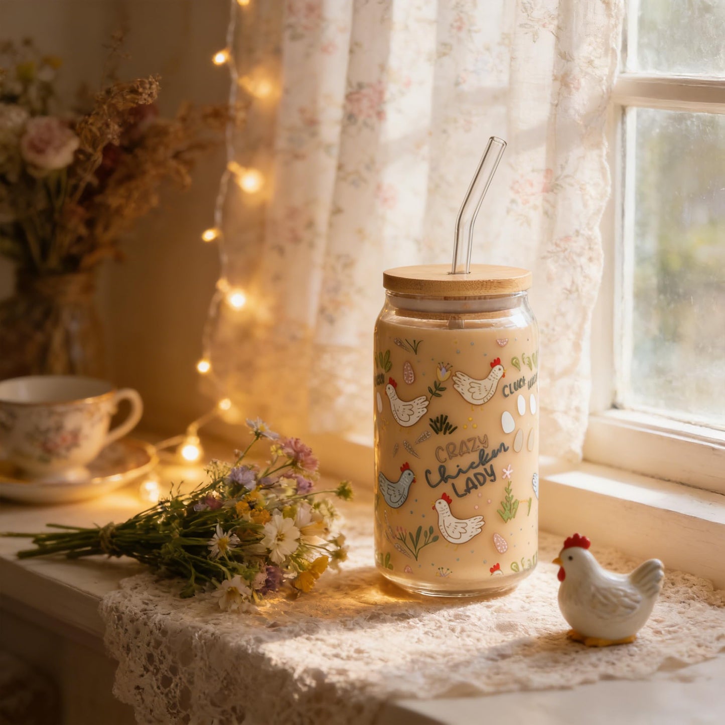 SUPREME LIGHTS ·2017· 16 oz Funny Chicken Glass Cup with Lid & Straw, Chicken Gifts for Chicken Lovers, Chicken Cups Gifts for Women Men Boys Girls Kids, Ideal for Crazy Chicken Lady