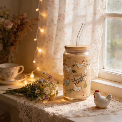 SUPREME LIGHTS ·2017· 16 oz Funny Chicken Glass Cup with Lid & Straw, Chicken Gifts for Chicken Lovers, Chicken Cups Gifts for Women Men Boys Girls Kids, Ideal for Crazy Chicken Lady