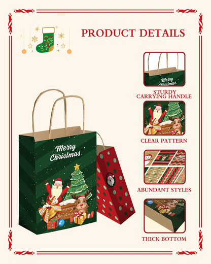 Bolthy Mid 24PCS Christmas Gift Bags 8" L × 4.25" W × 10.5" H - 12 Assorted Designs Kraft Paper Gift Bags, Eco-Friendly Durable Sac Cadeau for Holidays, Party Favors & Decorative Packaging