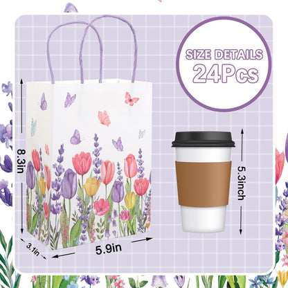 FYSUIMU 24 Pcs Tulips Lavender Floral Paper Gift Bags with 30 Purple Tissue Paper Watercolor Flower Butterfly Treat Bag with Handles for Birthday Baby Shower Wedding Party Favors