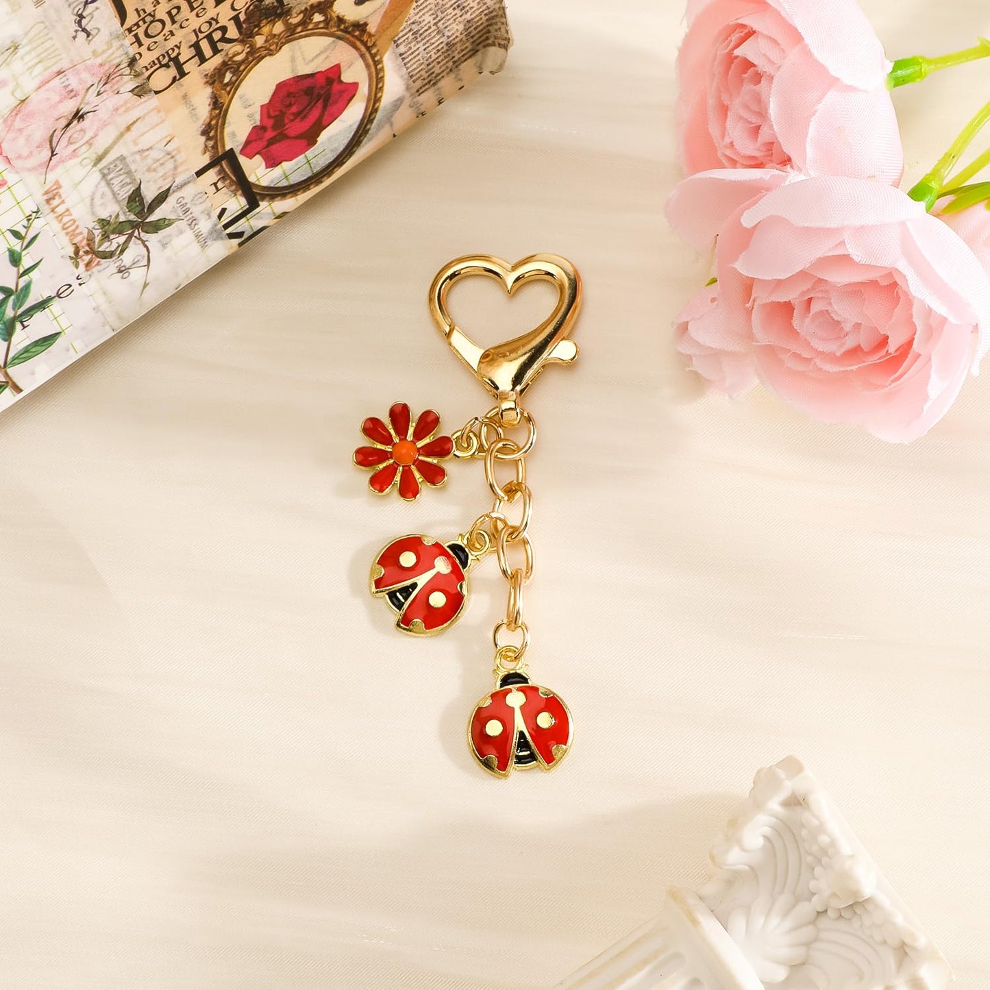 Ladybug Keychain with Flower Charm Lady Bug Accessories Cute Ladybug Gifts for Women Friends Birthday Christmas