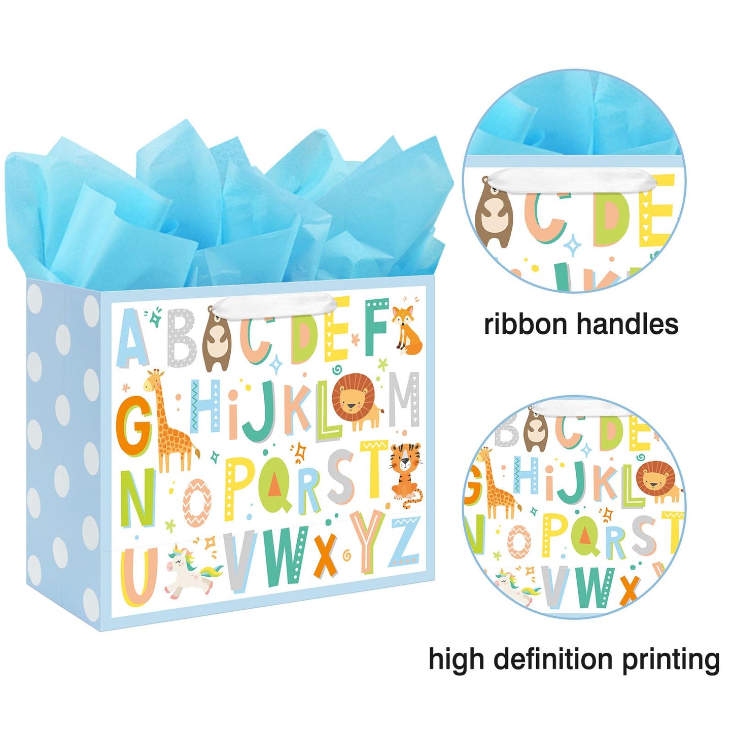 Laidans 13" Large Baby Boy Gift Bag for Baby Shower Birthday with Tissue Paper and Greeting Card (ABC Alphabet Animal Design)