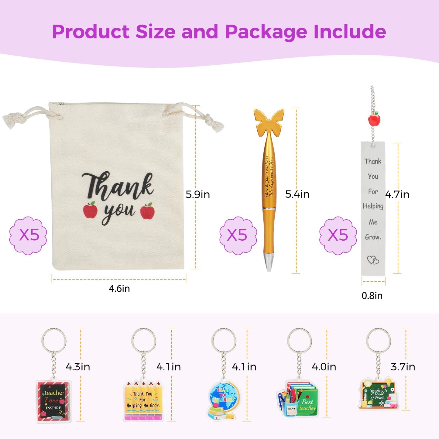 20 PCS Teacher Appreciation Gifts in Bulk 5,Teacher Gifts Metal Bookmarks Teacher Keychains Butterfly Tops Pens Thank You Burlap Drawstring Bags Teacher Appreciation Week Gift Set