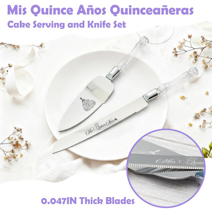 Mis Quince Años Quinceanera Cake Knife and Server Set - Sweet 15 Birthday Gifts for Girls, Feliz 15 Anos Party Decorations & Keepsake, Stainless Steel Cutting Set with Crystal Handles, Silver
