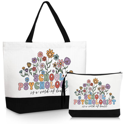 Paterr 2 Pcs School Psychologist Gifts for Women Canvas Tote Bag with Makeup Pouch Floral Reusable Grocery Bag for School Psych Counselor, Teacher Appreciation Gift