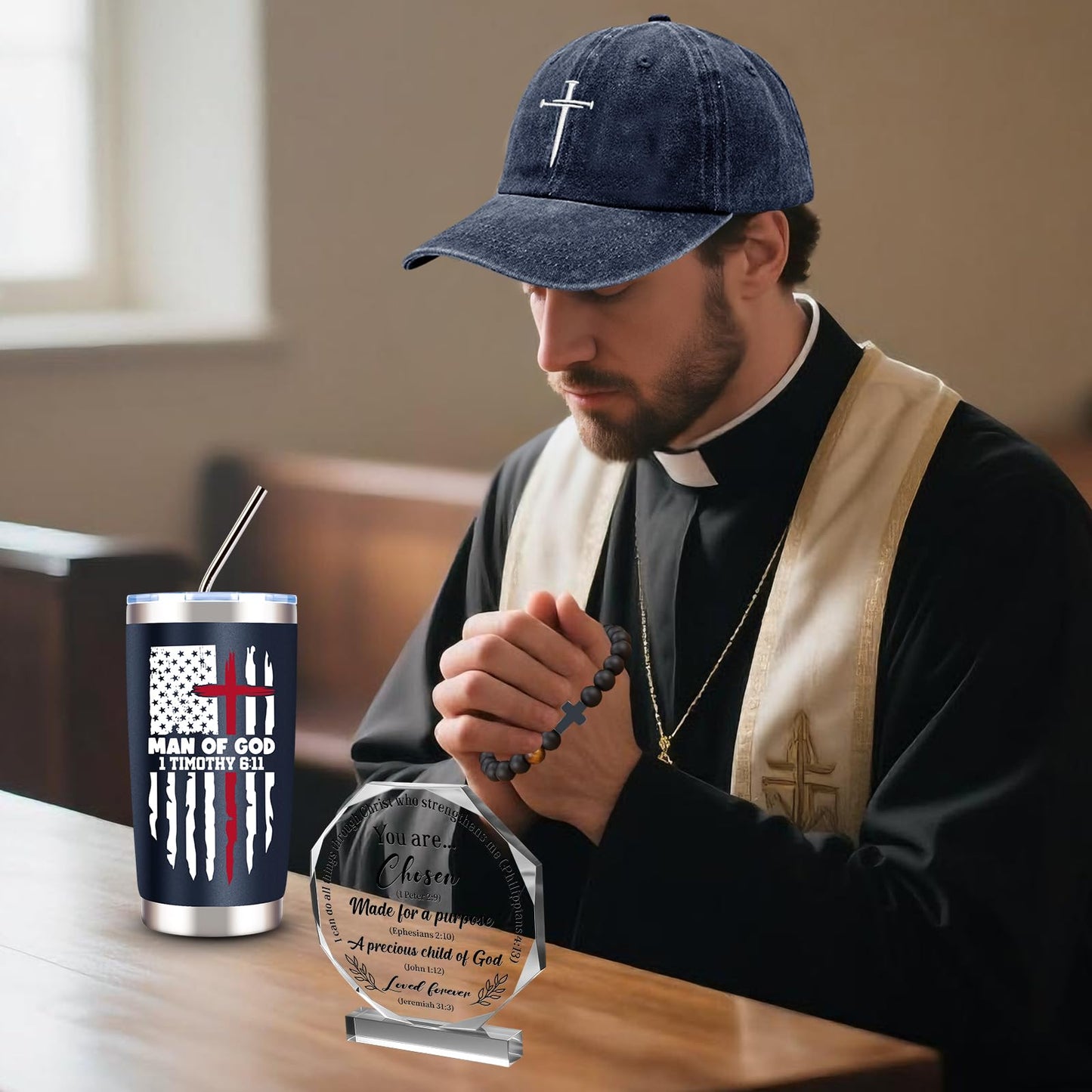 10 Pcs Christian Gifts for Men Faith, Inspirational Religious Gifts, Catholic Gift with 20 Oz Tumbler Bible Verses Crystal Plaque Hat Socks Bracelet Keychain for Husband, Dad, Grandpa, Friends