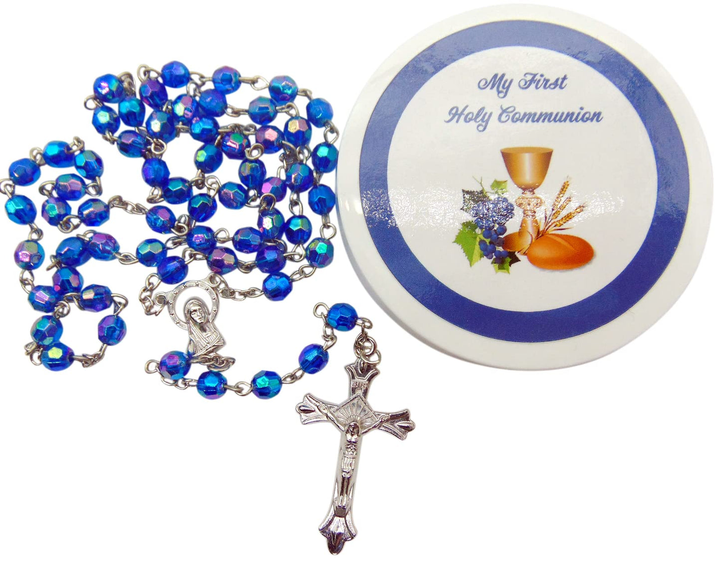 Westmon Works First Communion Rosary Set Blue Glass Beads in a Protective Case with Matching Holy Prayer Card