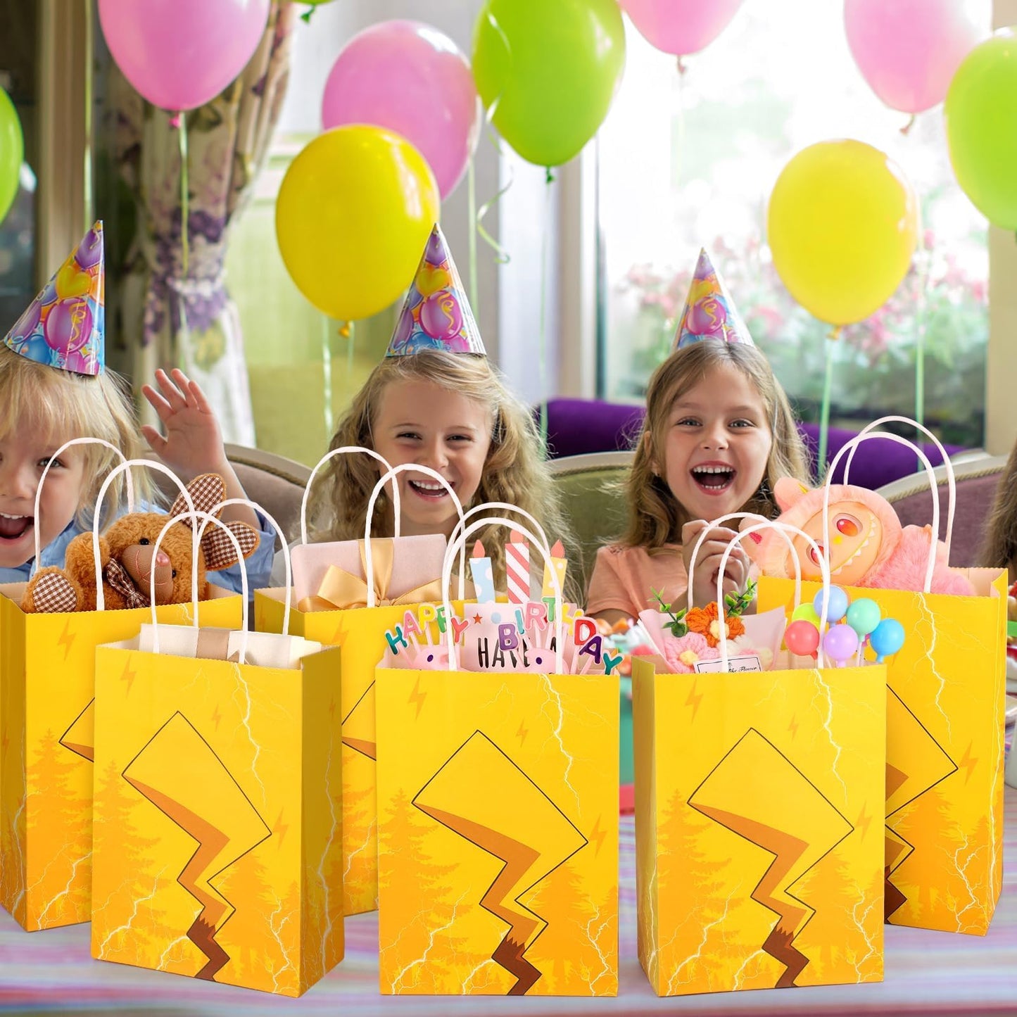 24 Pcs Cartoon Paper Bags Animation Party Gift Bags Red Kraft Treat Bag with Handle Birthday Party Supplies Paper Goodie Bags 8 x 5.1 x 3.1 Inches for Birthday Theme Supplies Baby Shower Decorations