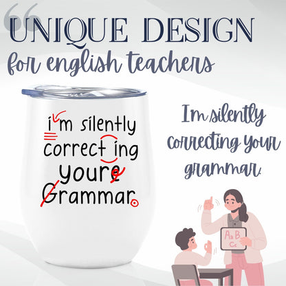 Onebttl English Teacher Appreciation Gifts 12oz Wine Tumbler with Lid for Christmas, Appreciation Day, End of Term from Student