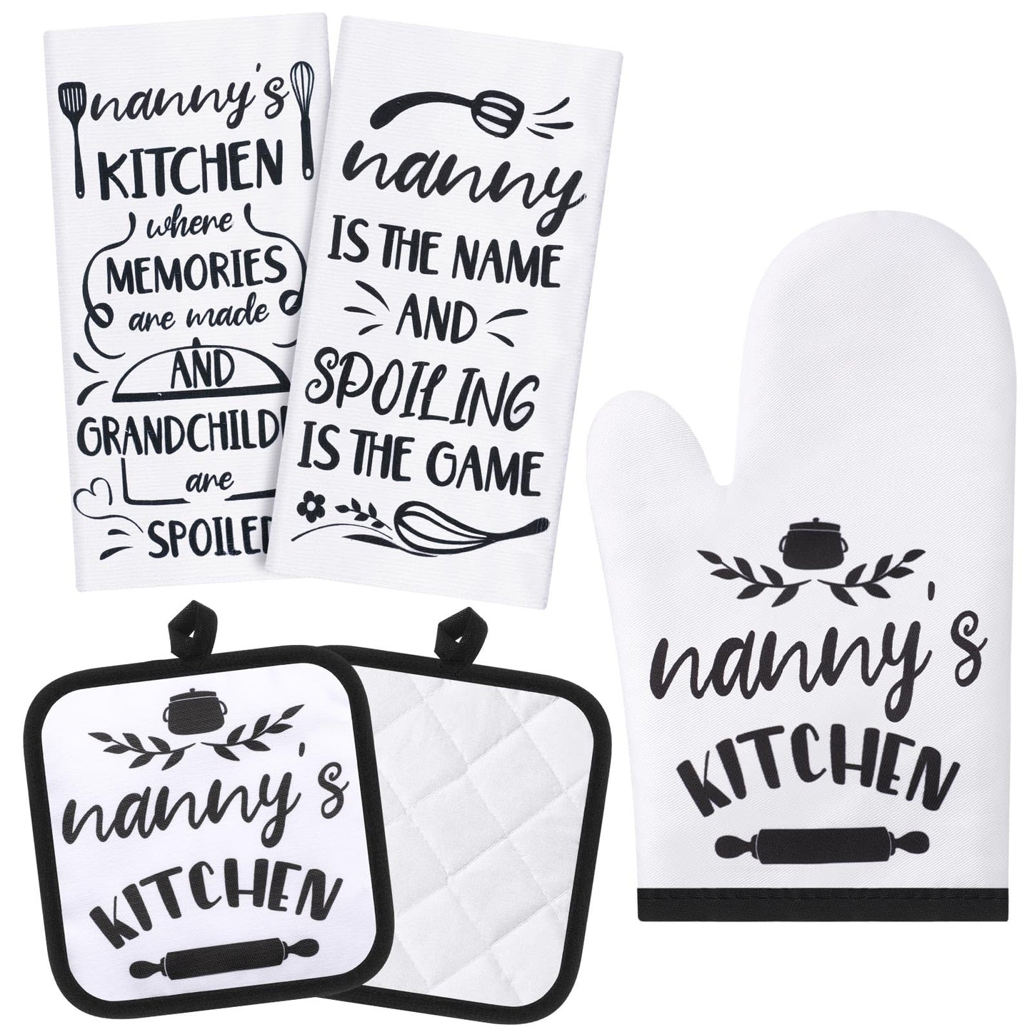 Tatuo Nanny Gifts, Birthday Gifts for Nanny from Grandkids, 5 Pcs Kitchen Gift Set-2 Microfiber Dish Towels, 2 Oven Pads, 1 Oven Mitt, Funny & Heartwarming Cooking Kitchen Gift