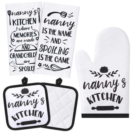 Tatuo Nanny Gifts, Birthday Gifts for Nanny from Grandkids, 5 Pcs Kitchen Gift Set-2 Microfiber Dish Towels, 2 Oven Pads, 1 Oven Mitt, Funny & Heartwarming Cooking Kitchen Gift