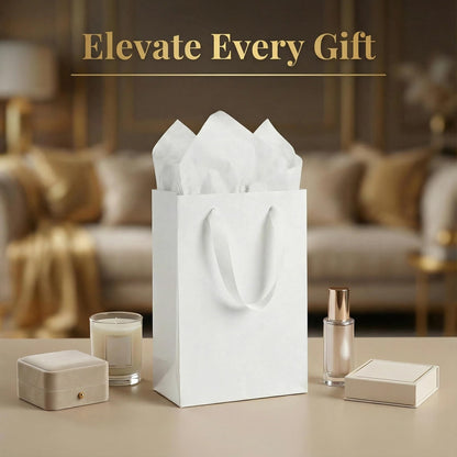 JUNESHE 4 Sets Small White Gift Bags, 8 inch Tiny Little Paper Bag Matching Card Envelope Sticker Black Tissue Paper for Birthday Party Favors Baby Bridal Shower Shopping Presents Wedding Welcome
