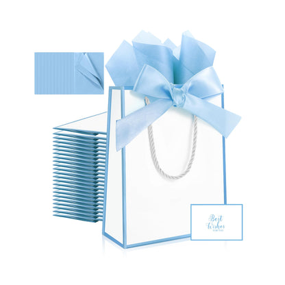 Ethhqu 12 Pack Small Gift Bags with Handles Include Tissue Papers & Cards, 9x7x3.15'' Thank You Gift Bags for Birthday, Baby Shower, Wedding, Bridesmaids, Anniversary, Mother’s Day (White and Blue)
