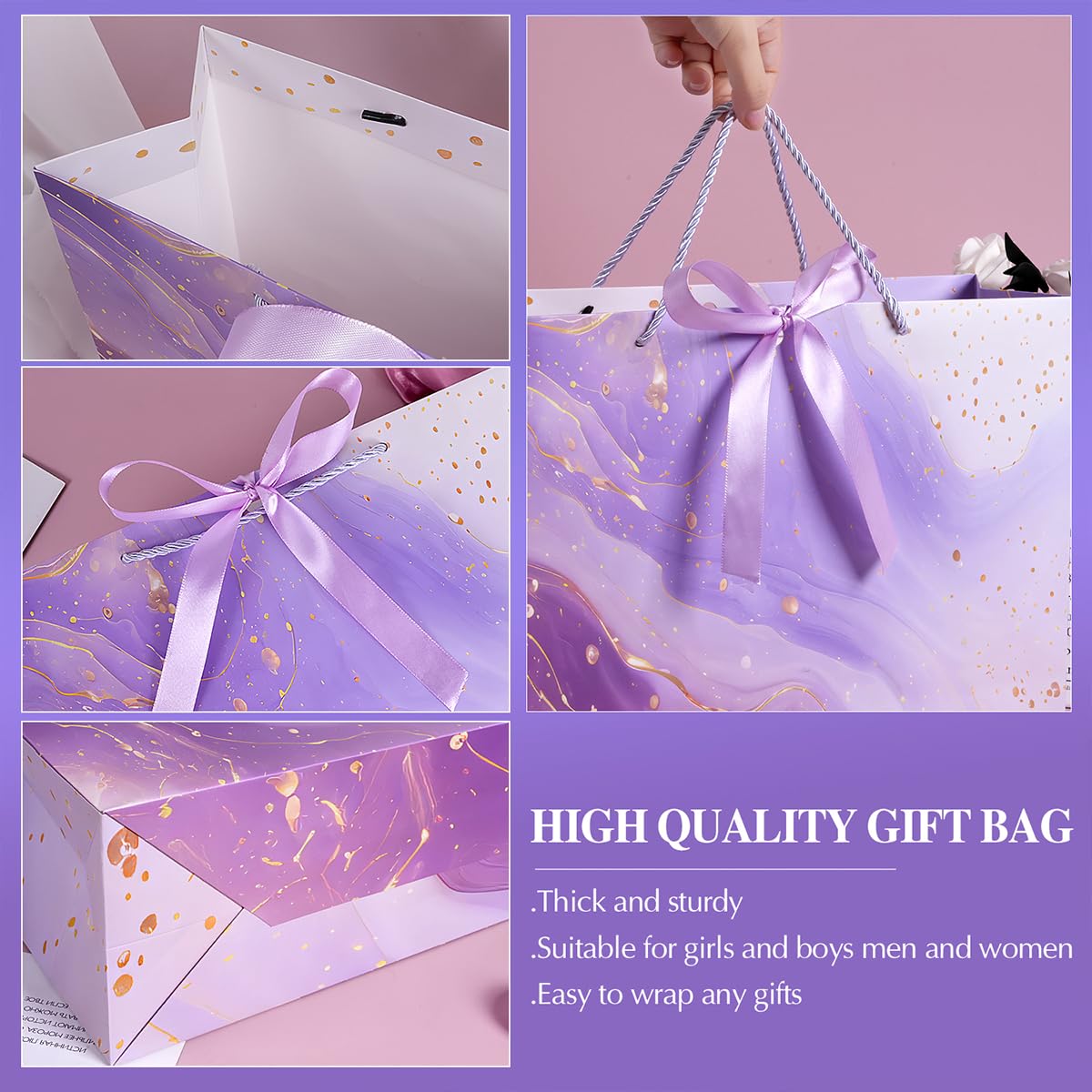 Purple Gift Bags, 2PCS 13” Large Gift Bags with Tissue Paper and Greeting Cards, Gift Bag with Handles Bow for Women Girls, Purple Gift Bags for Birthday Wedding Bridal Baby Shower Anniversaries
