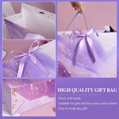 Purple Gift Bags, 2PCS 13” Large Gift Bags with Tissue Paper and Greeting Cards, Gift Bag with Handles Bow for Women Girls, Purple Gift Bags for Birthday Wedding Bridal Baby Shower Anniversaries