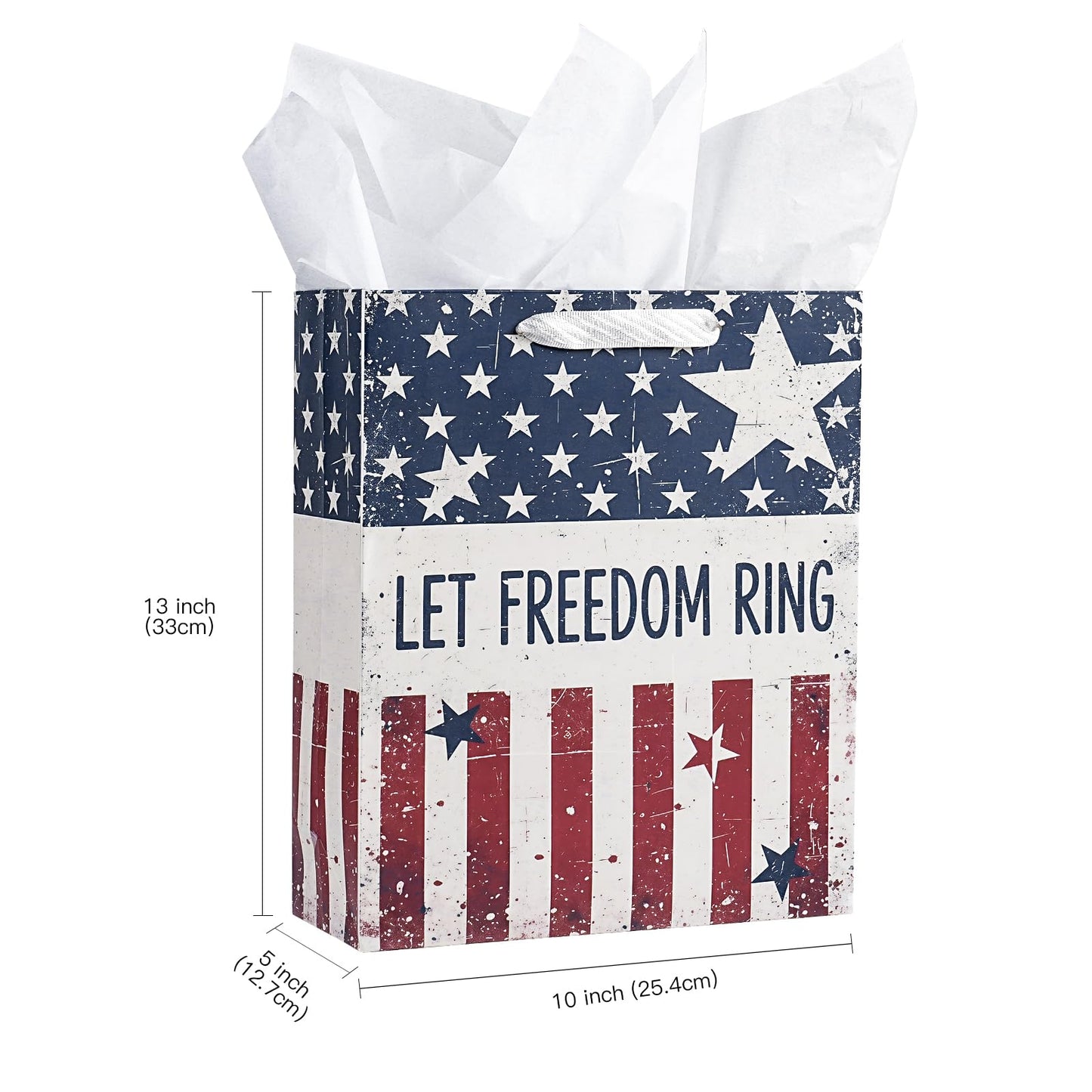 LeZakaa 13" Patriotic Gift Bag with Tissue Paper, Let Freedom Ring American Flag Gift Bag for 4th of July Independence Day Party Gifts, Memorial Day, 13" x 10" x 5", 1 Pc