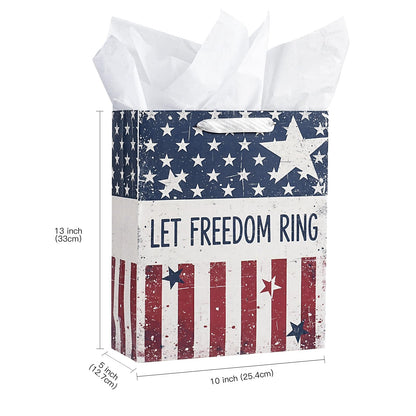 LeZakaa 13" Patriotic Gift Bag with Tissue Paper, Let Freedom Ring American Flag Gift Bag for 4th of July Independence Day Party Gifts, Memorial Day, 13" x 10" x 5", 1 Pc