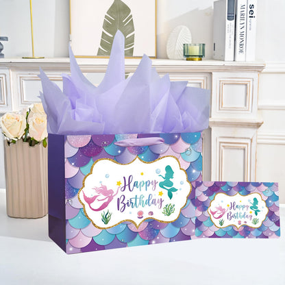 Laidans 13" Large Mermaid Happy Birthday Gift Bag with Handle, Tissue Paper and Card for Kids Girls (13in Purple)