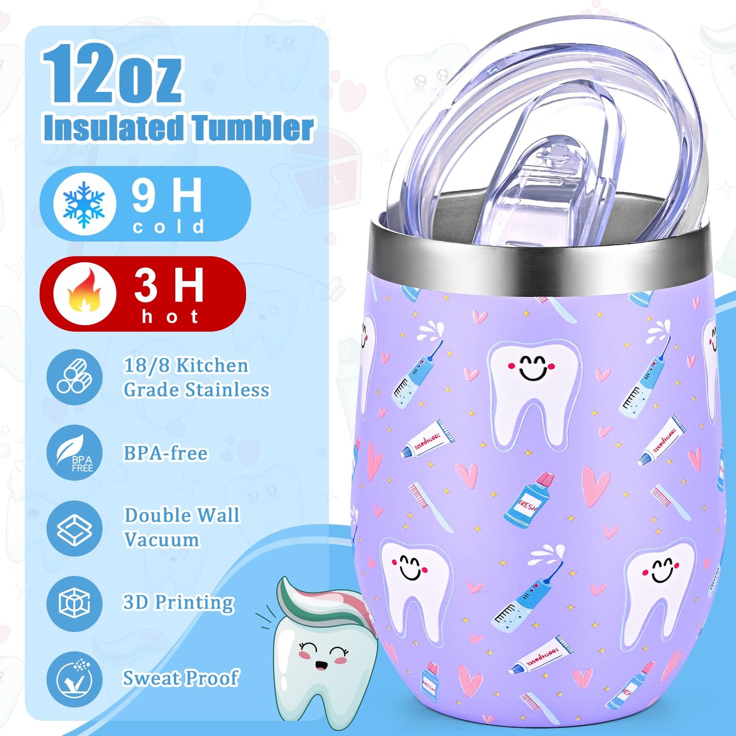 Lifecapido 9Pcs Dental Hygienist Gifts, Dental Assistant Appreciation Gifts Bulk for Coworkers, 12oz Wine Tumbler with Lid & Straw, Tooth Keychains, Stickers for Appreciation Week(Multicolor)