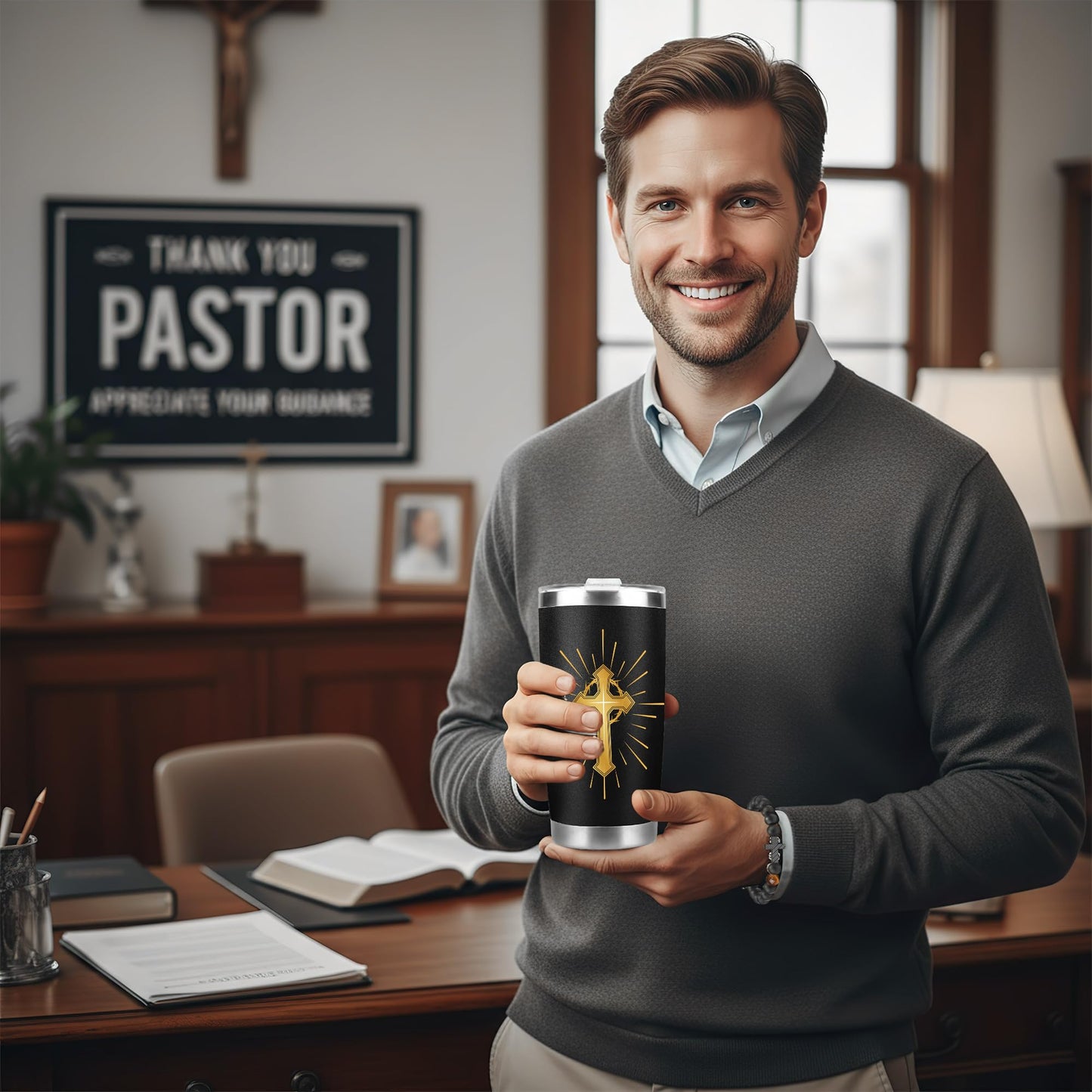 Pastor Appreciation Gifts for Men, Unique Pastor Gift Set, Thank You Gifts with Tumbler, Bracelet & Bookmark for Birthday Christmas Retirement, Present for Dad Husband Grandapa Friends