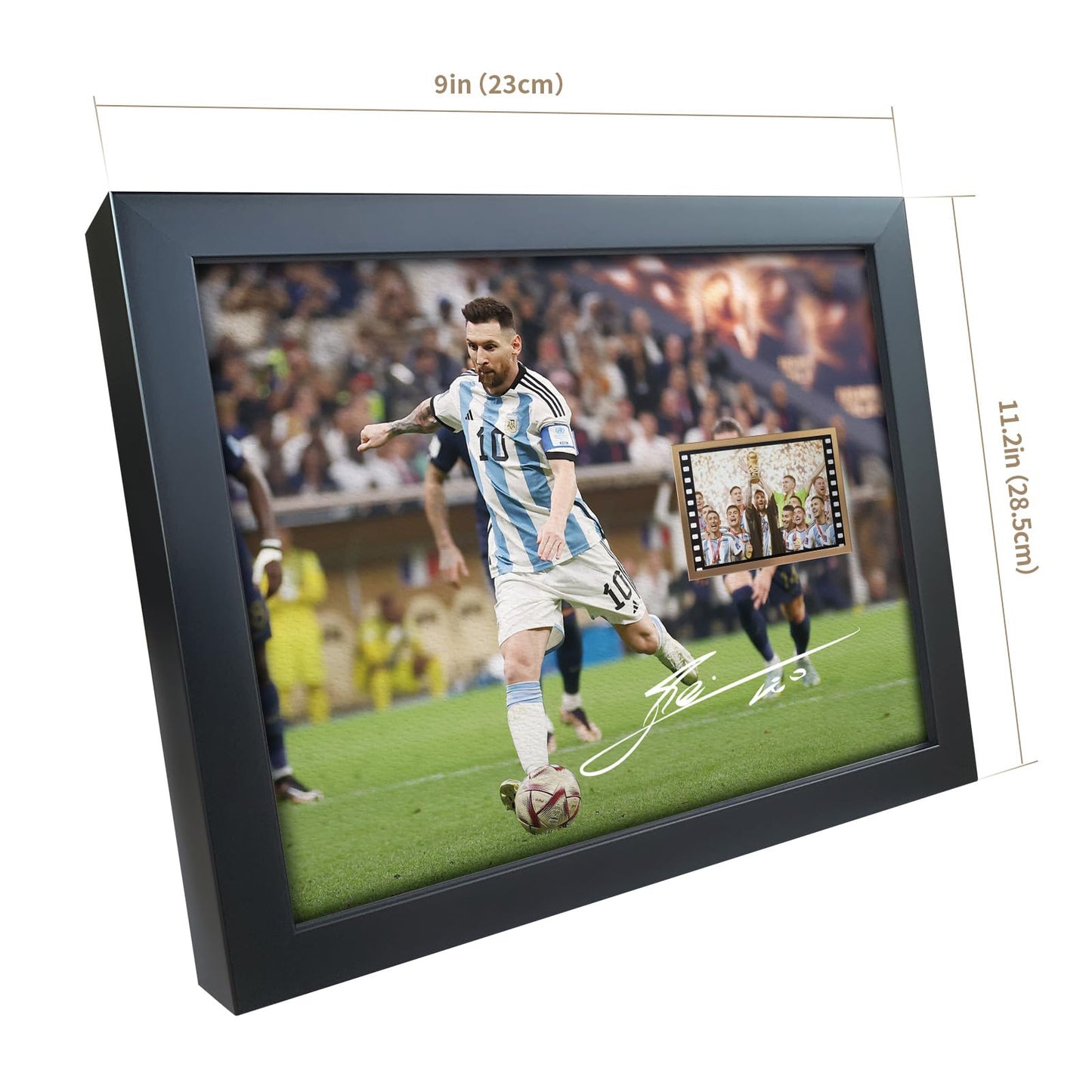 sufenvera Signed Lionel Messi World Cup 2022 Film Photo Collage,Messi Memorabilia Framed Poster, Gifts for Soccer Ball Fans on Birthday Thanksgiving Christmas 10x8 Inches