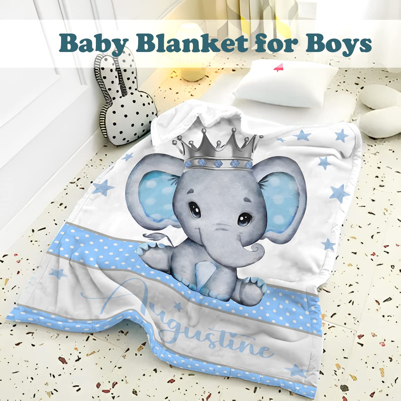 Personalized Baby Blanket for Boys, Custom Baby Blanket with Name Super Soft Personalized Name Blankets for Kids, Custom Elephant Blankets for Infant Toddler, Babys Gifts for Birthday