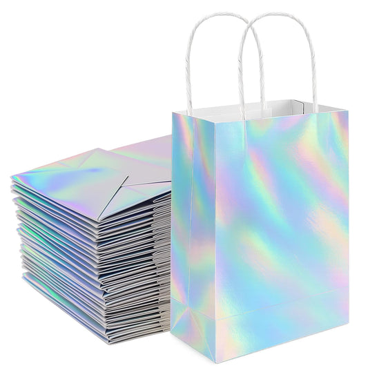 Shintop 30Pcs Iridescent Gift Bags with Handle, 8.3 x 5.9 x 3.1 Inch Holographic Goodie Bags Reusable Paper Glitter Party Favor Tote for Birthday Bachelorette Boutique