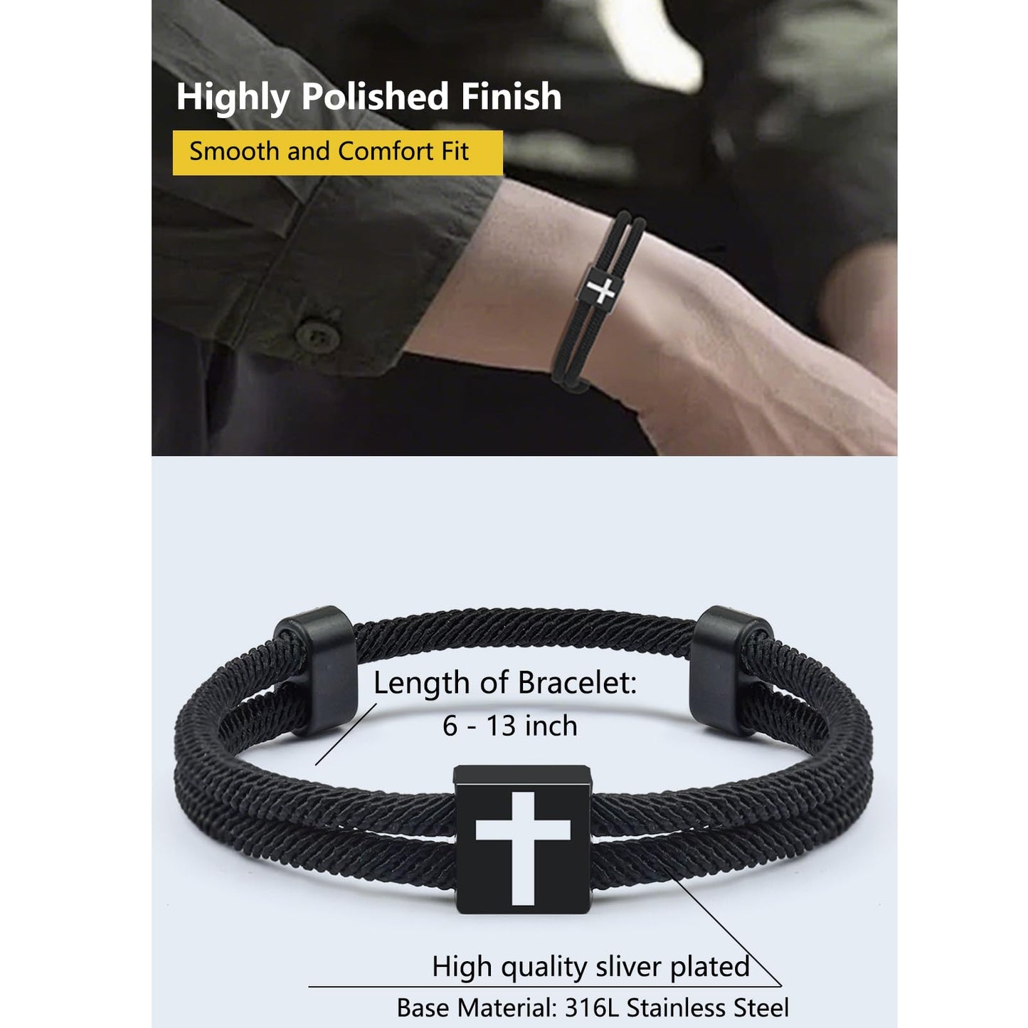 Black Cross Bracelet for Men Boys Baptism Valentine's Day Easter Birthday Christmas Gifts