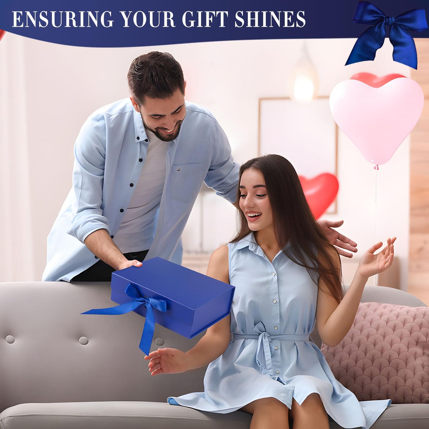 VGOODALL Blue Gift Box with Magnetic Lids, 10.2 x 7.5 x 3.2 Inch Gift Boxes for Presents Anniversary Birthday Celebration