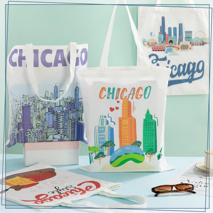 Paterr 6 Pcs Chicago Canvas Tote Bag Watercolor Chicago City Souvenir Gift Souvenir Women Travel Gifts Grocery Shopping Bag Christmas Party Favors