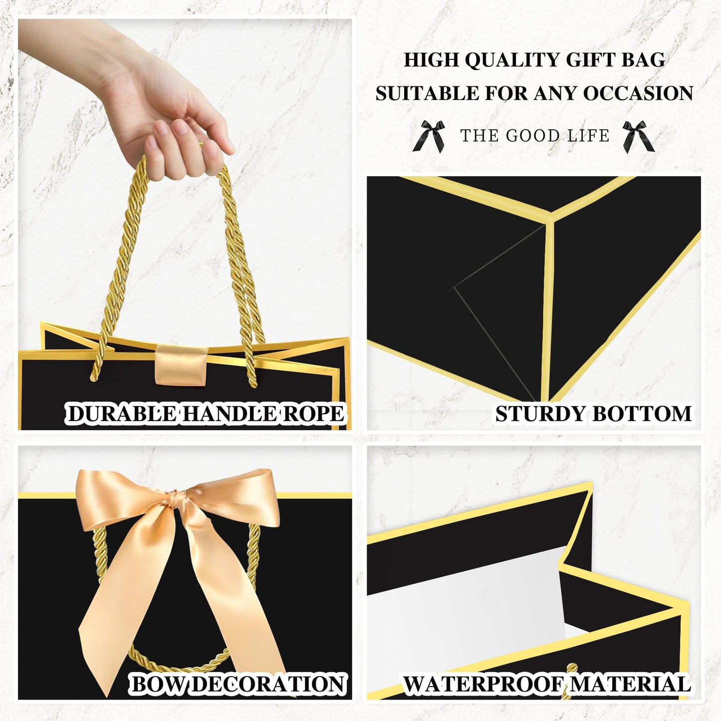 GEGIBOA Gift Bags 3 Pcs Medium Size Paper Gift Bags with Tissue Paper and Handles,Bow Ribbon and Greeting Cards, 8" x 5" x 10", Black