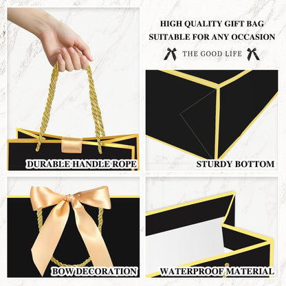 GEGIBOA Gift Bags 3 Pcs Medium Size Paper Gift Bags with Tissue Paper and Handles,Bow Ribbon and Greeting Cards, 8" x 5" x 10", Black