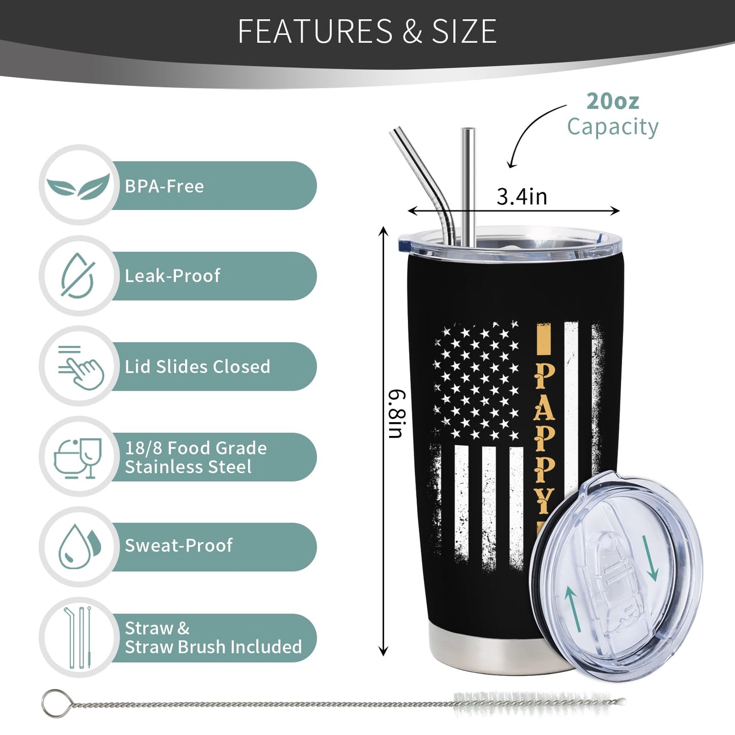 Pappy Gifts - Birthday Gifts for Pappy - Grandpa Gift from Grandchildren - Best Pappy Ever Gift, 20 oz Stainless Steel Tumbler With Lid & Straw