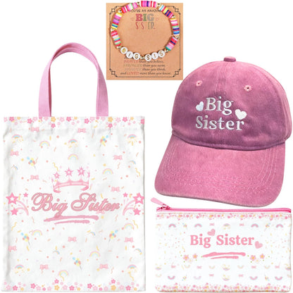 4pcs Big Sister Gifts Set with Embroidered Baseball Caps, Bag, Pen Pouch & Bracelet for Announcement Gift