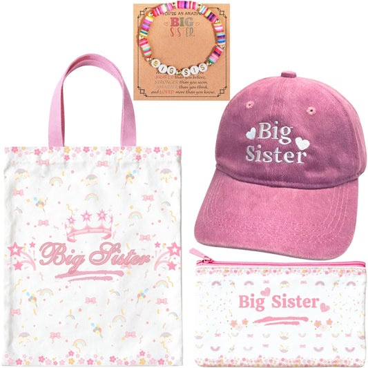 4pcs Big Sister Gifts Set with Embroidered Baseball Caps, Bag, Pen Pouch & Bracelet for Announcement Gift