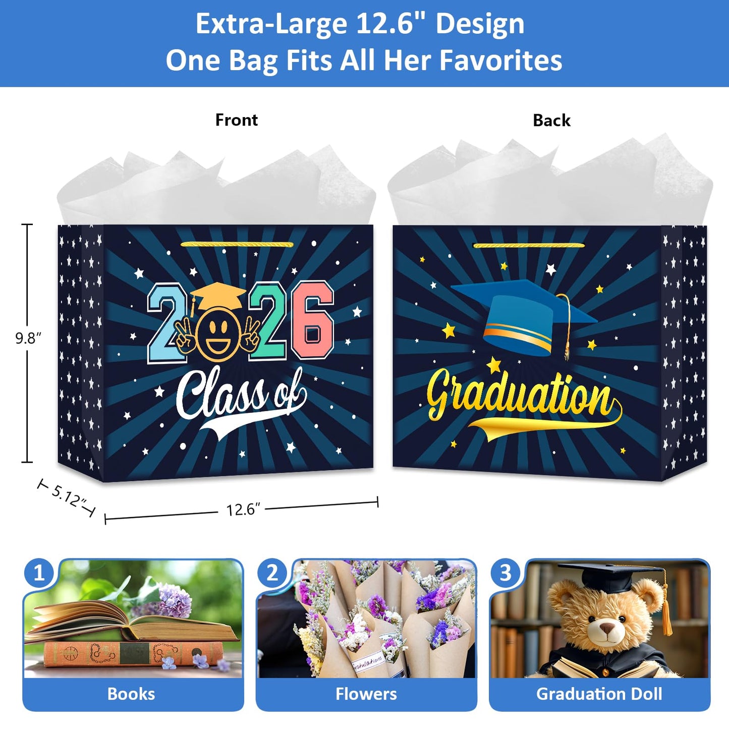 GMEMNOV Graduation Gift Bag 2026-12.6" Large Graduation Gift Bag with Tissue Paper Class of 2026 Graduation Party Favor Bags for High School College Graduates
