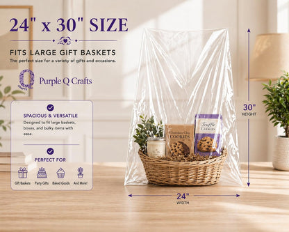 Purple Q Crafts Clear Basket Bags, 20 Pack Large Clear Cellophane Wrap for Baskets & Gifts 24"x30" 1.5 Mil Thick (20)